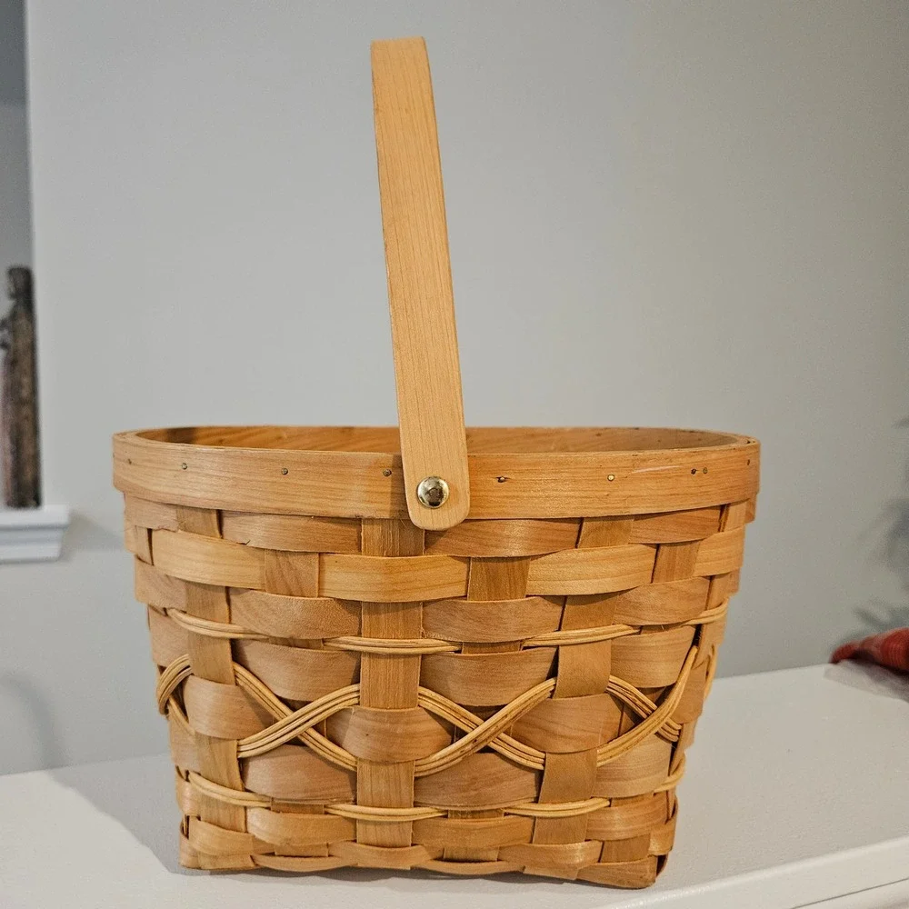 Swing Handle Woven Basket Brown Wood Splint Rustic Cottagecore Farmhouse Vintage